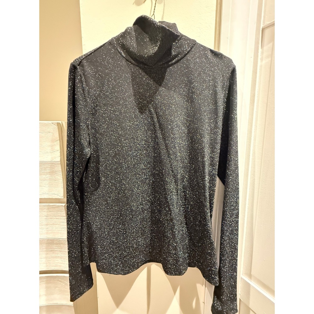 HM Womens Black Glitter Metallic Turtleneck Long Sleeve Top Large Holiday Party